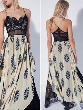Free People RARE Jill G Black Lace & Cream Printed Maxi Dress
